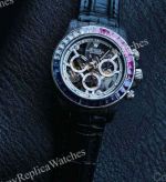 Rolex Daytona Skeleton Face Dandong 4130 Movement 40mm Rainbow Bezel White Subdial Black Leather Band Watch